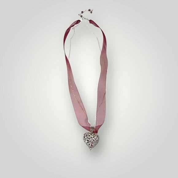 Sterling Silver 925 Marcasite Heart Pendant Necklace Ribbon & Chain 18 inch - Picture 5 of 9